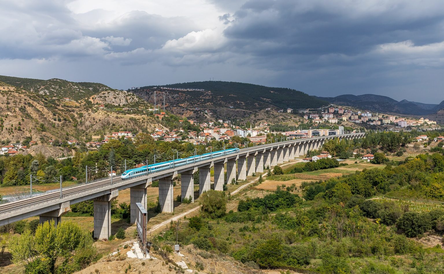 TCDD high-speed train crossing a viaduct