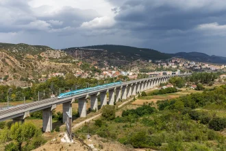 TCDD high-speed train crossing a viaduct
