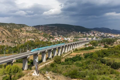 TCDD high-speed train crossing a viaduct