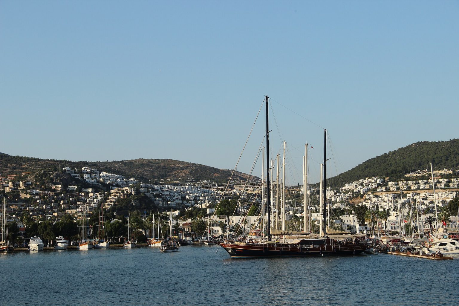 Bodrum's white houses and harbour seen from the sea