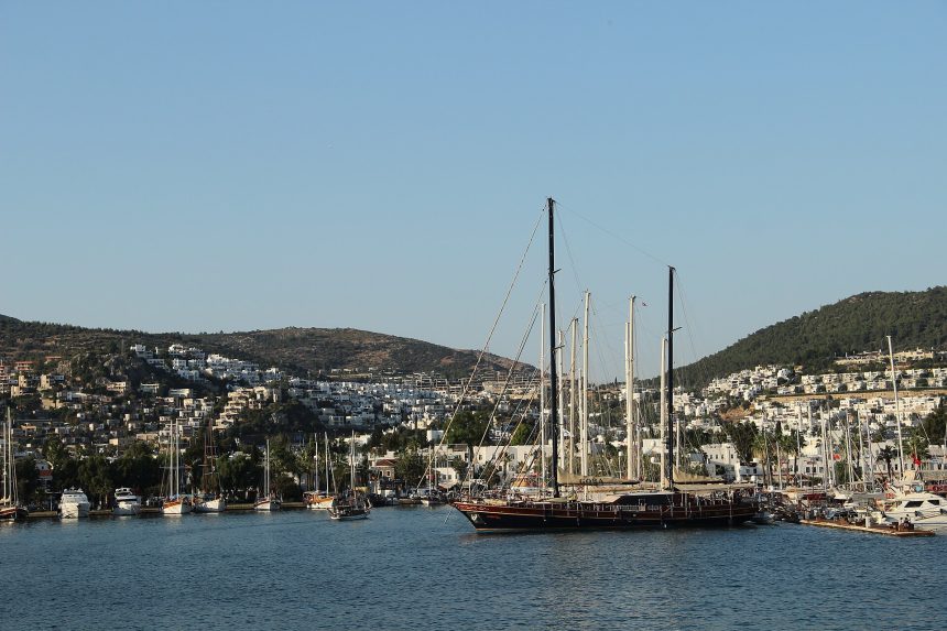 Bodrum's white houses and harbour seen from the sea