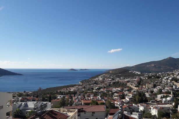 Holiday homes on the hillside above the sea in Kalkan, Antalya