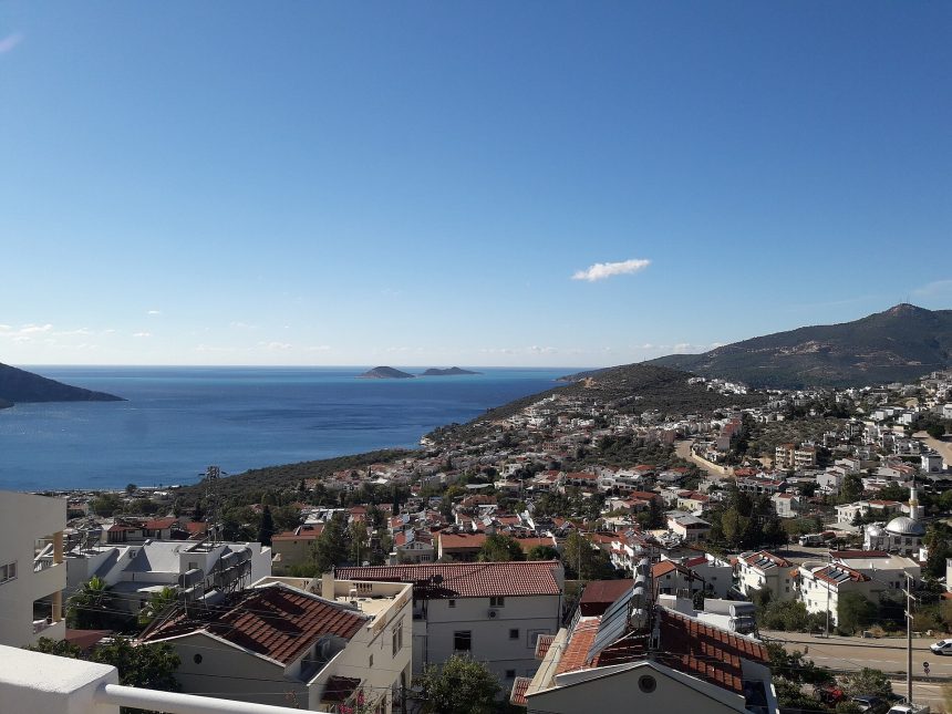 Holiday homes on the hillside above the sea in Kalkan, Antalya