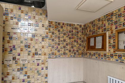 Interior of the Konak PTT post office in Izmir with rows of post office boxes